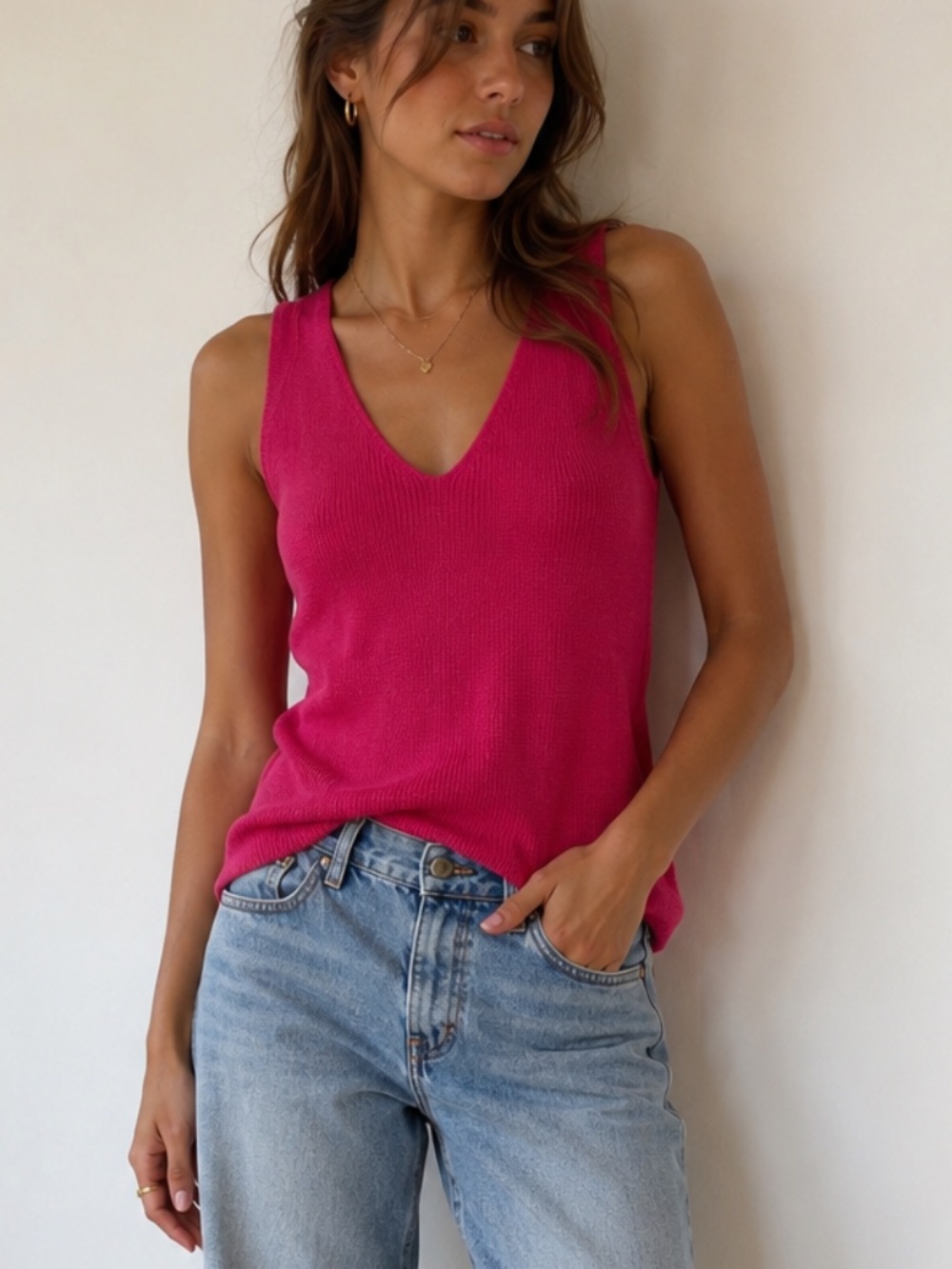 Lauren Ralph Lauren Pink Cotton Knit V Neck Tank Top XL